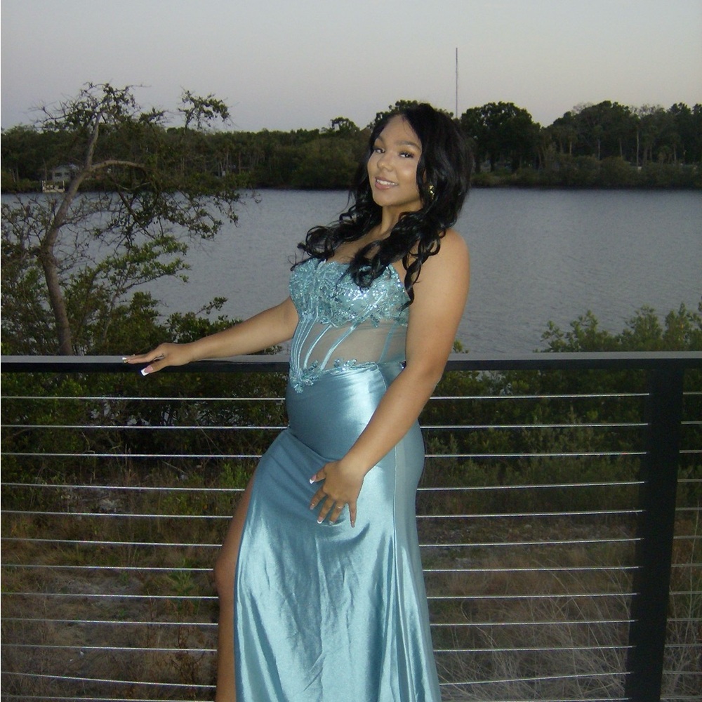 Backless Blue Lace Satin Evening Dress